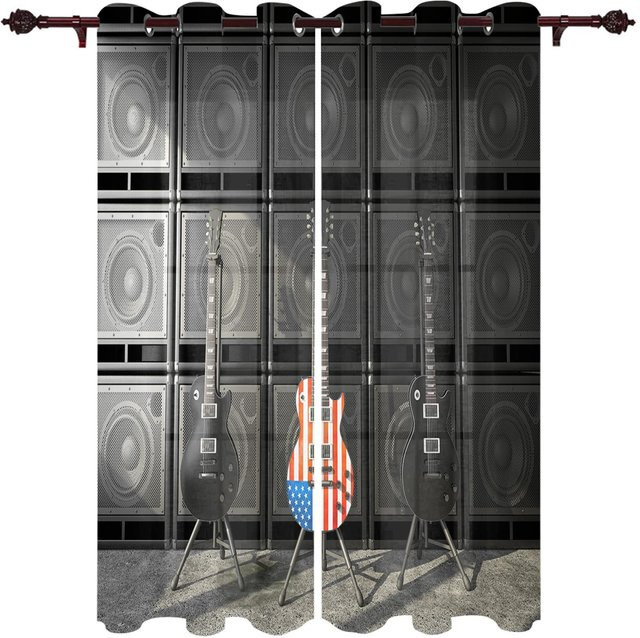 Zweierpack Vorhänge mit Musik-Bühne-Gitarren-Motiv, halbtransparent, Polyester, Mehrfarbig, B: 50 cm, H: 130 cm - Bild 1