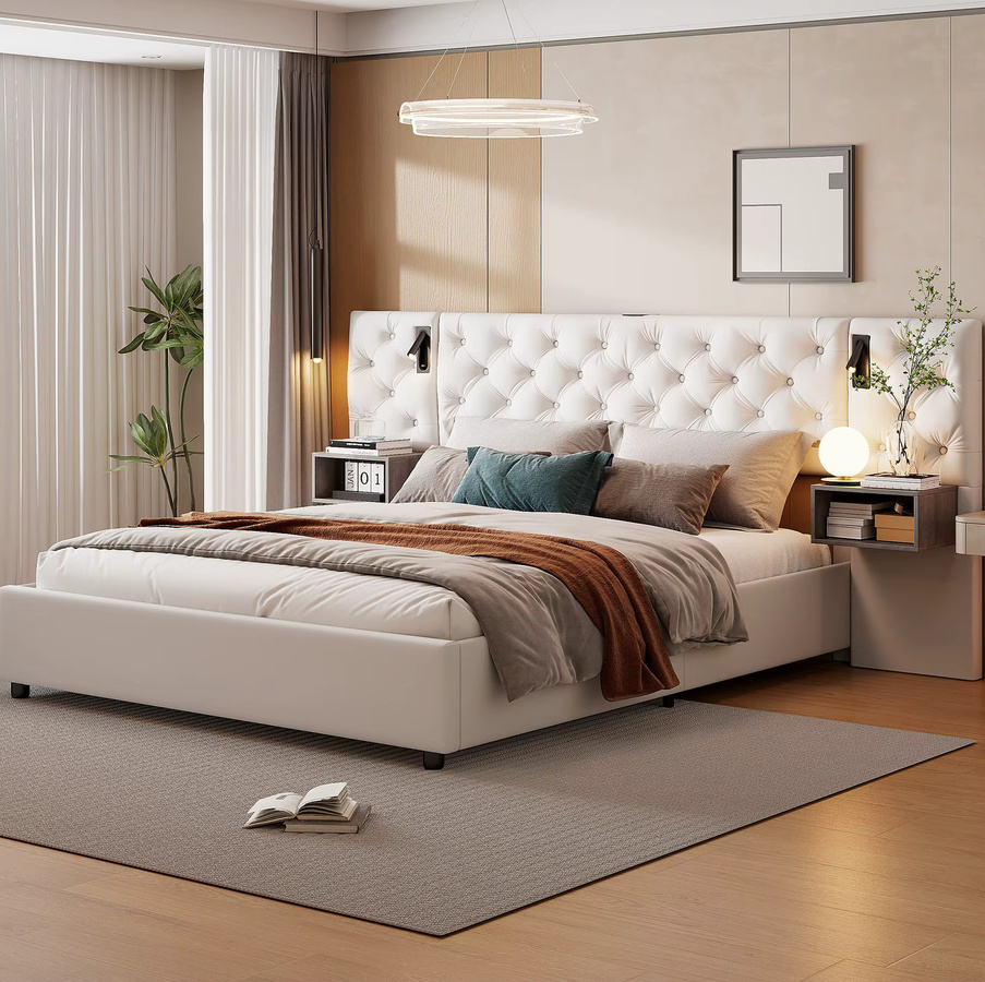 Rosahqnda Polsterbett mit LED, USB und Stauraum, Doppelbett mit 2 Nachttischen, Samtbeige, B/T/H: 140 x 200 cm - Bild 2