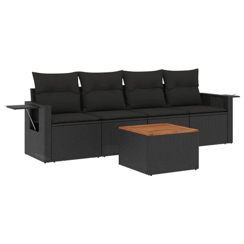 vidaXL 5-tlg. Garten-Sofagarnitur aus Polyrattan in Schwarz mit Kissen und Tisch - Bild 3