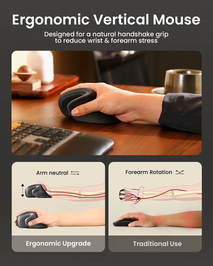 ProtoArc EM11 NL Ergonomische Vertikale Maus mit Bluetooth und 2,4 GHz, Wiederaufladbare kabellose optische Maus für Windows und Mac OS, Farben: Schwarz oder Grün - Bild 4