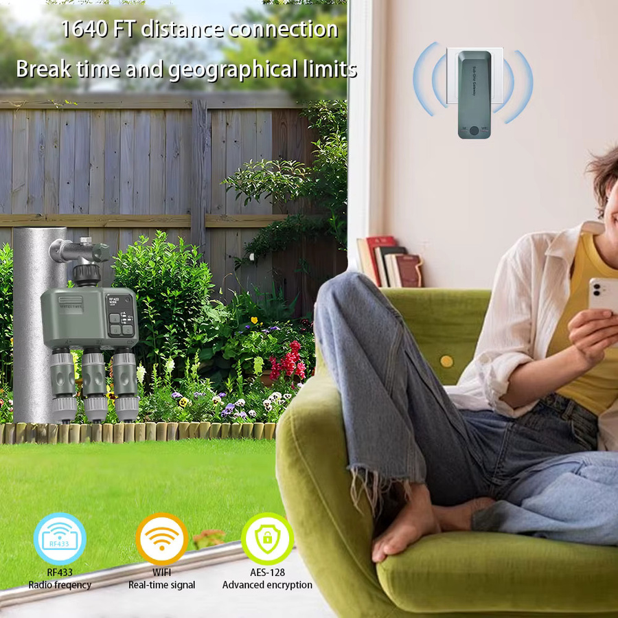 JIHUAN 3-fach Bewässerungstimer mit Tuya Wifi und RF433, programmierbarer automatischer Bewässerungsregler mit Regenverzögerung und Filter, Grau - Bild 2