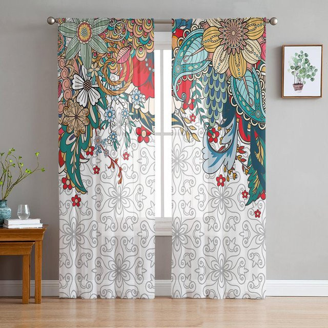 Super Six Fenstervorhang mit floralem Design in Schwarz, transparenter Tüllvorhang im Boho-Stil, Breite: 135 cm, Höhe: 114 cm - Bild 1
