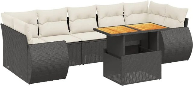 vidaXL 8-tlg. Garten-Sofagarnitur in L-Form aus Polyrattan mit Kissen und Ottoman, Schwarz - Bild 1