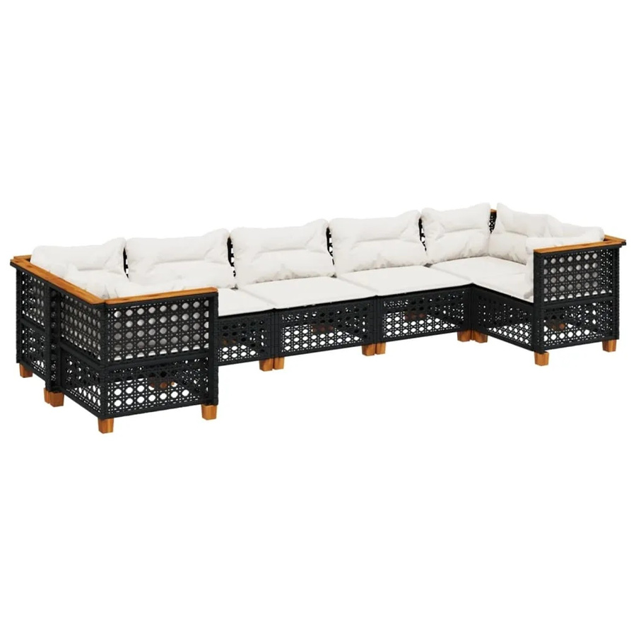 vidaXL 7-teilige Garten-Sofagarnitur in L-Form aus Poly-Rattan und Akazienholz mit Kissen in Schwarz - Bild 2