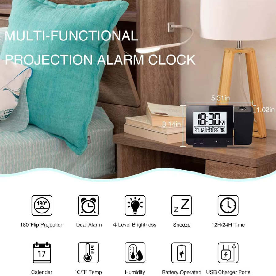 Meterk Projektionswecker für das Schlafzimmer mit Thermometer und Hygrometer, digitale Deckenuhr mit dimmbarem LED-Display in Schwarz - Bild 5
