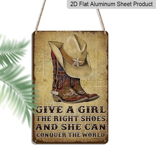 Drasawee Vintage Western Cowgirl Metall Wanddeko mit Zitat The Right Shoes for Girls, Farbe: Braun, B/H: 20 x 30 cm - Bild 1
