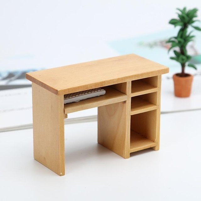ChouBo-001 Mini Holz Computer Schreibtisch, Puppenhaus Zubehör, beige - Bild 1