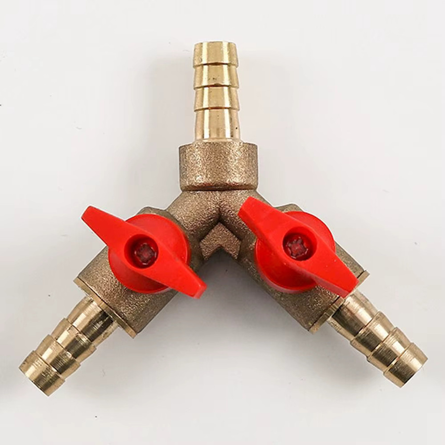 3-Wege-Messing-Kugelhahn Y-Typ Schlauchadapter mit Widerhaken für Wasser, Öl, Luft und Brenngas, Farbe: Messing/Gold - Bild 3
