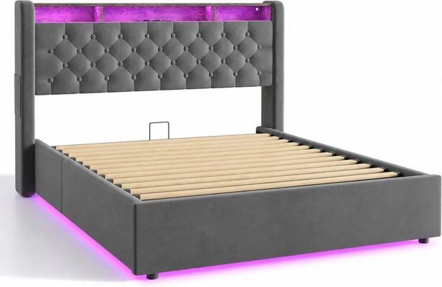 okwish Polsterbett mit LED-Beleuchtung und Bettablage in Dunkelgrau, B/T/H: 140 x 200 cm - Bild 1