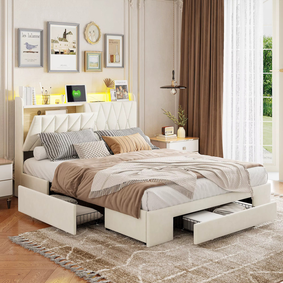 Superaly Polsterbett mit LED-Beleuchtung, 3 Schubladen und USB-Ladefunktion, Samt, Beige, B/T: 140 x 200 cm - Bild 3