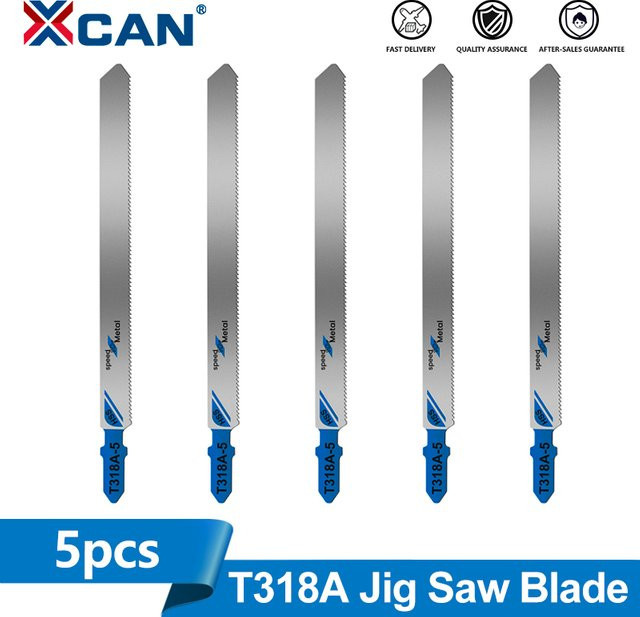 XCAN 5 Stück T318A HCS Stichsägeblätter mit T-Schaft, gebogen, extra lang für Holz, PVC und Metall, Farbe: Silber, Länge: 132 mm - Bild 1