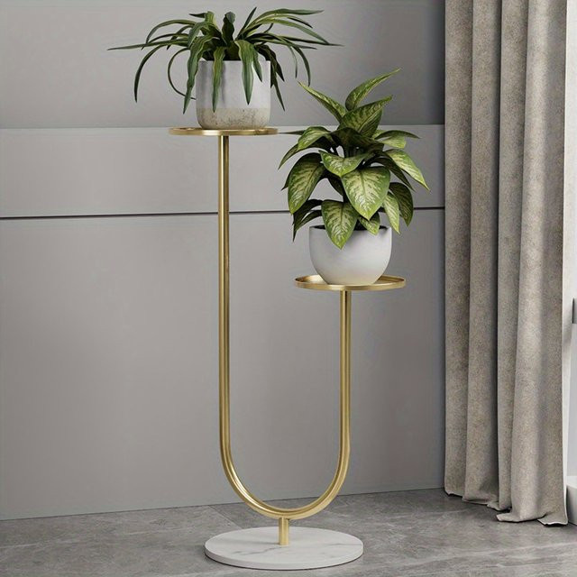 LIUSHADUOLA Pflanzenständer aus Metall in Gold – Modernes vertikales Pflanzenregal mit zwei Haltern für Wohnzimmer, Balkon und Büro - Bild 1
