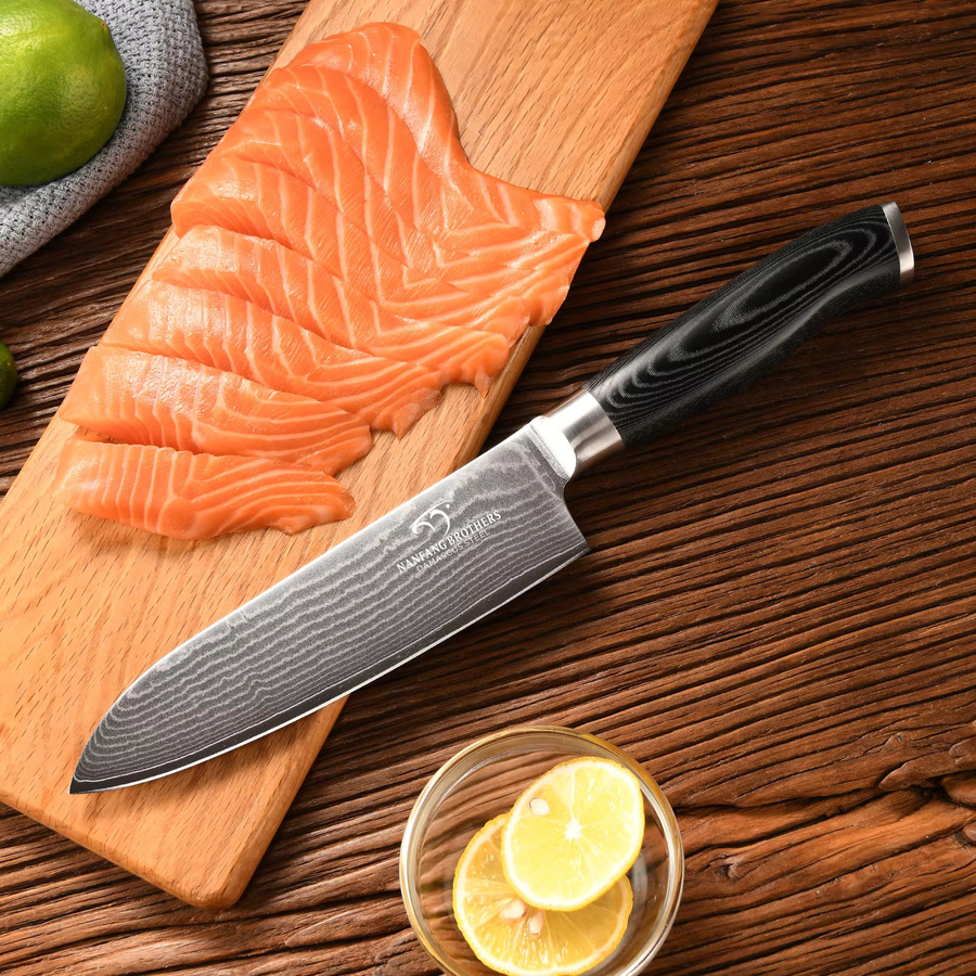 Katisun Santoku Messer aus Damast mit VG10 Klinge und Micarta Griff, 17,78 cm, Silber - Bild 6