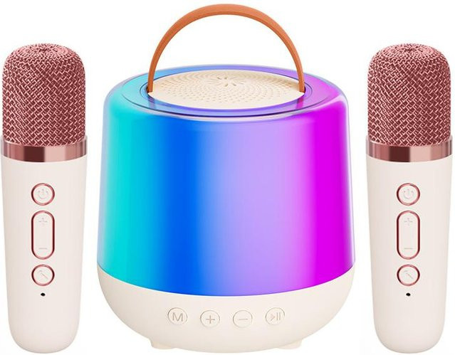 Honor Electronics Karaoke Maschine Mini Set mit 2 drahtlosen Bluetooth Mikrofonen und Lautsprecher in Weiß mit LED-Beleuchtung - Bild 1