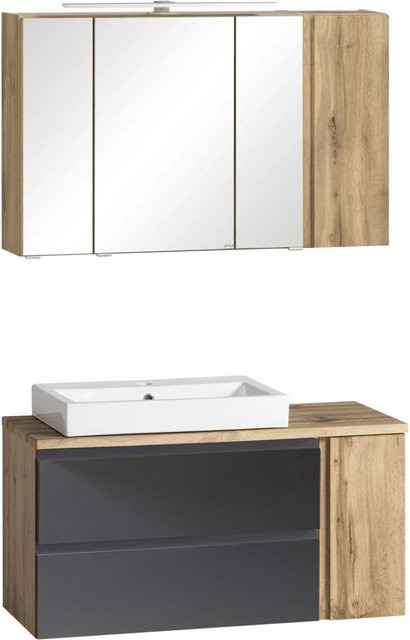 Held Möbel Waschtisch-Set Ancona 2-tlg. in matt Grau-Wotaneiche mit Aufsatz-Keramikbecken und Spiegelschrank, Breite: 105 cm - Bild 1