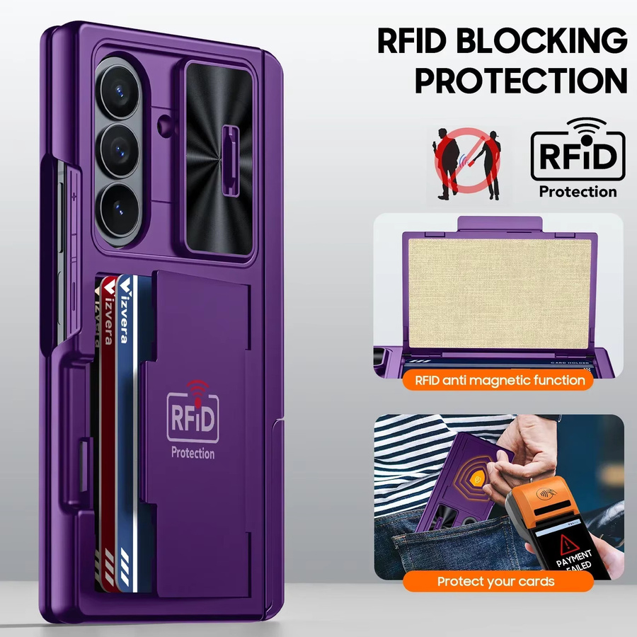 BANGZAO Handyhülle für Samsung Galaxy Fold 7 mit RFID-Kartenhalter, verstecktem Ständer und Kameraabdeckung, stoßfeste Silikon-Wallet-Hülle in Lila - Bild 4