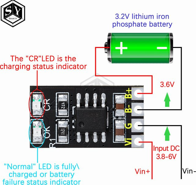 Baishundianzi LiFePO4 Batterielademodul 3,6V 1A CV/CC mit Überspannungsschutz und Low-Power-Schlafmodus in Schwarz - Bild 1