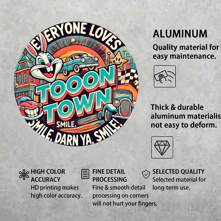 Vintage Toontown Wandkunstschild aus Aluminium von Potdemiel, rundes Metalldekor mit Retro-Autos und karierten Flaggen, Mehrfarbig, Durchmesser: 20,32 cm - Bild 6