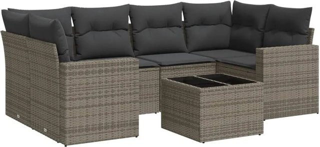 vidaXL 7-tlg. Garten-Sofagarnitur in L-Form aus grauem Poly-Rattan mit Kissen und Couchtisch - Bild 1