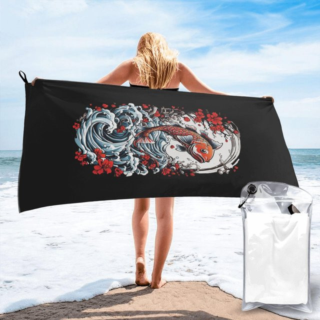 Strandtuch im Japanischen Koi-Fischerei Streetwear-Stil von JMG Household Supplies, Farbe Schwarz, Mikrofaser, schnelltrocknend und saugfähig, B/T: 80 x 160 cm - Bild 1