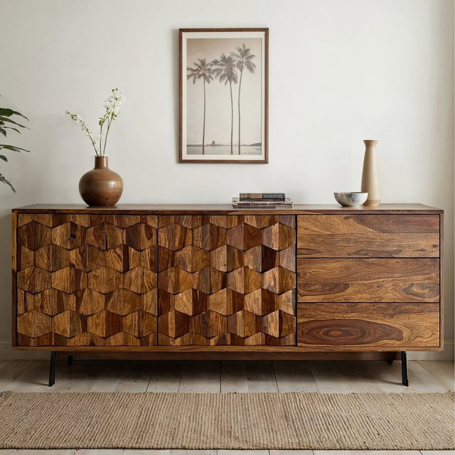 Sideboard FineBuy Kommode aus Sheesham Massivholz in Braun und Schwarz mit geometrischer 3D-Struktur im Industrial Loft Design, Breite: 175 cm - Bild 1