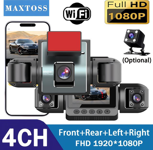Maxtoss 4-Kanal Dashcam mit 360-Grad-Aufnahme, 1080P Full HD Auto-DVR mit WLAN-App und Rückfahrkamera, Schwarz - Bild 1