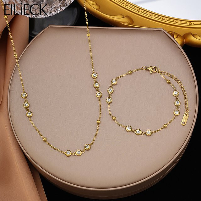 EILIECK Schmuck-Set Halskette und Armband, Edelstahl, Zirkonia, Damen, Gold - Bild 1