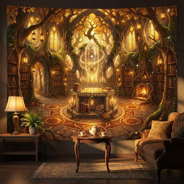 Wandteppich Verzauberte Bibliothek mit Pilzen und Bücherregal im magischen Wald Design von JMG Household Supplies, Mehrfarbig, Breite: 200 cm, Höhe: 180 cm - Bild 1