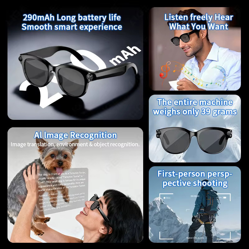 LIGE AI Smart-Brille mit 2MP-Kamera in Schwarz: Sonnenbrille mit Echtzeit-Übersetzung in über 100 Sprachen, Bluetooth-Funktion für Anrufe und Videoaufnahme mit 290mAh Akku - Bild 2