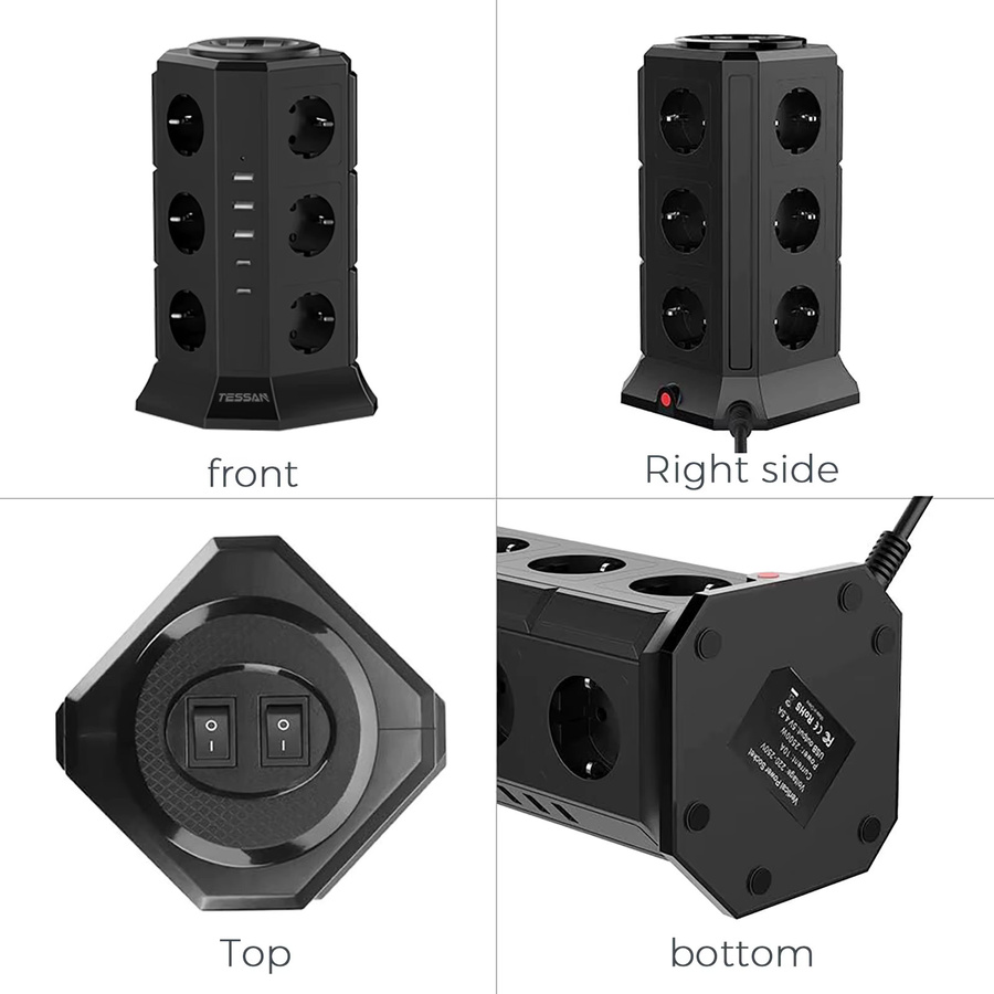 TESSAN Tower-Steckdosenleiste in Schwarz mit Mehrfachsteckdosen, 3 USB-Anschlüssen, 2 Typ-C-Anschlüssen und 2m Verlängerungskabel mit Überspannungsschutz - Bild 4