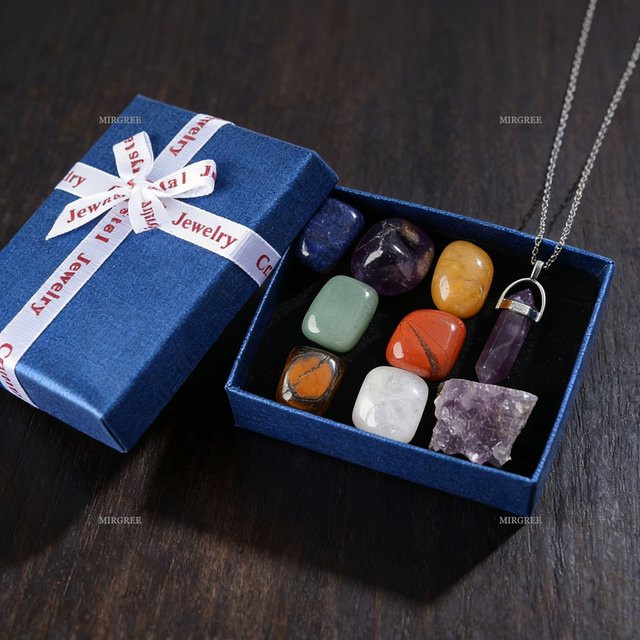 Halsketten-Set, Amethyst-Anhänger, 7-Chakra-Heilstein, Silber, Unisex - Bild 1