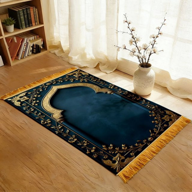 VIKAMA Gebetsteppich Türkis-Goldener Bogen mit gelben Quasten, rutschfester islamischer Gebetsteppich im orientalischen Design für dein Zuhause oder Schlafzimmer - Bild 1