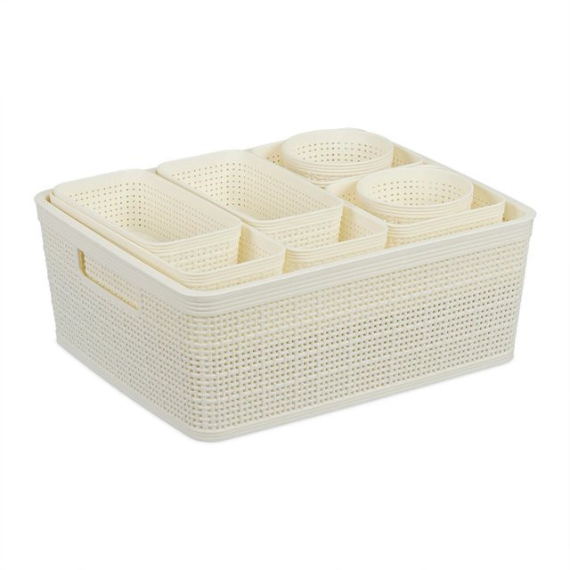 Relaxdays Schubladen Organizer Set aus Kunststoff in Weiß mit geflochtenem Design, 10-teilig - Bild 1