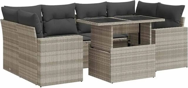 vidaXL 7-teilige Garten-Sofagarnitur in L-Form aus Poly Rattan mit Kissen und Couchtisch in Hellgrau - Bild 1