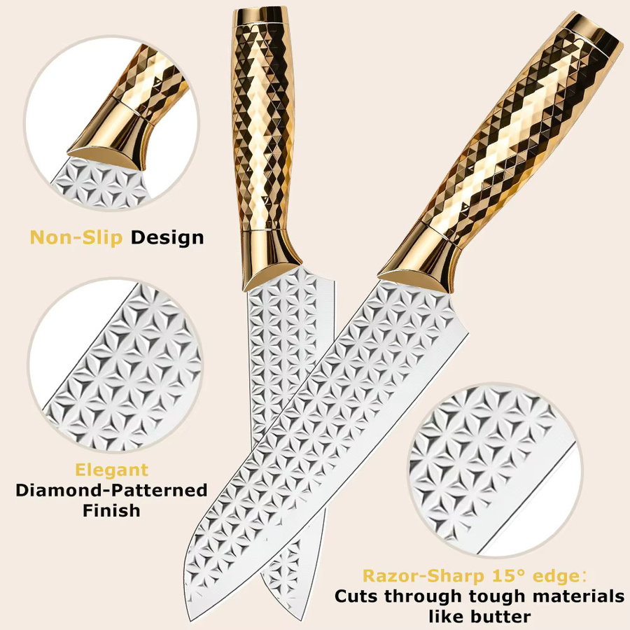XIAOTIANLAI 5/6/7-teiliges Edelstahl-Küchenmesserset mit goldenem Griff, professionelles Kochmesser-Set inklusive Santoku- und Schälmesser - Bild 1