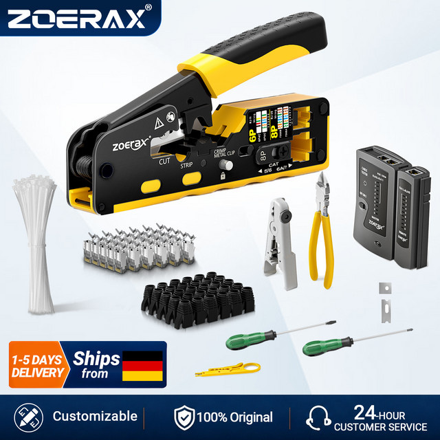 ZoeRax 11-in-1 RJ45 Crimpwerkzeug-Set mit Kabeltester, Drahtschneider und Cat7-Steckverbindern - Bild 1