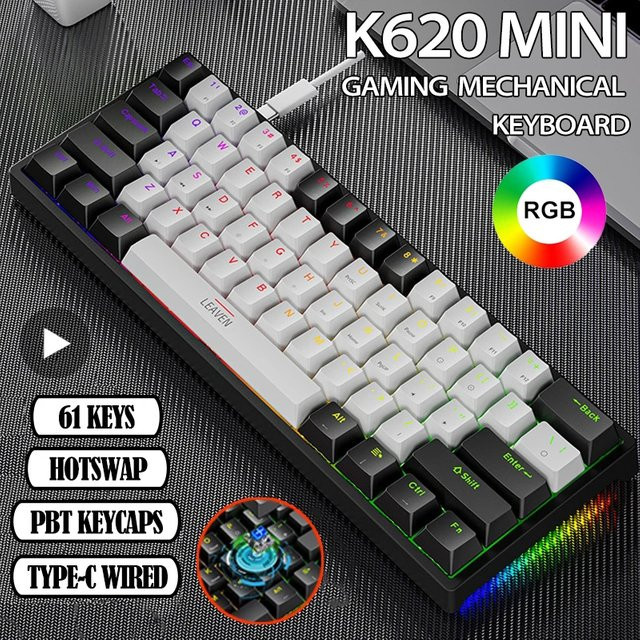 AyeBeau K620 Mini-RGB-Gaming-Mechanische-Tastatur mit 60 % Layout, Hotswap und PBT-Tastenkappen, Rosa/Weiß/Schwarz, USB-Anschluss für PC - Bild 1