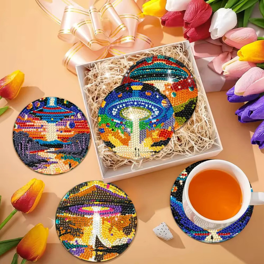 8-teiliges DIY-Untersetzer-Set mit Diamantmalerei und Ständer, runde Getränkematten mit Strasssteinen in Multicolour - Bild 4