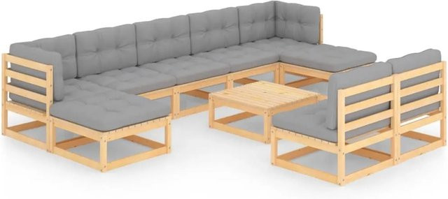 vidaXL 10-tlg Garten-Lounge-Set Modell 21 aus massivem Kiefernholz in U-Form mit grauen Polsterkissen - Bild 1