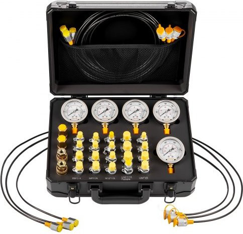 VEVOR Hydraulikdruck Testkit in Schwarz und Messing mit 5 Messgeräten, 20 Kupplungen, 4 Schnellkupplungen und 3 Schläuchen für Bagger und Baumaschinen - Bild 1