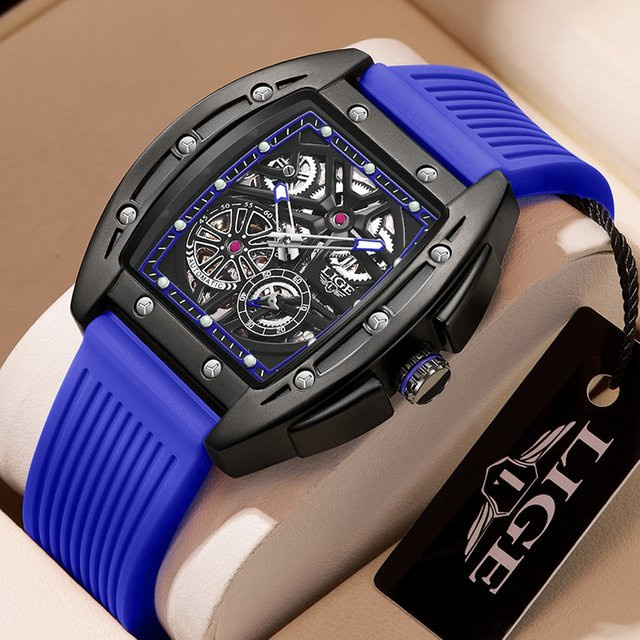 LIGE Armbanduhr Automatik, Eckig, Silikon, Blau, Herren - Bild 1