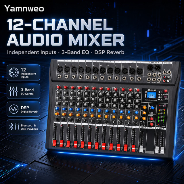 Yamnweo GX12 Professioneller 12-Kanal Audio-Mixer in Schwarz mit Bluetooth, USB MP3-Aufnahme, 3-Band EQ und 48V Phantomspeisung - Bild 1