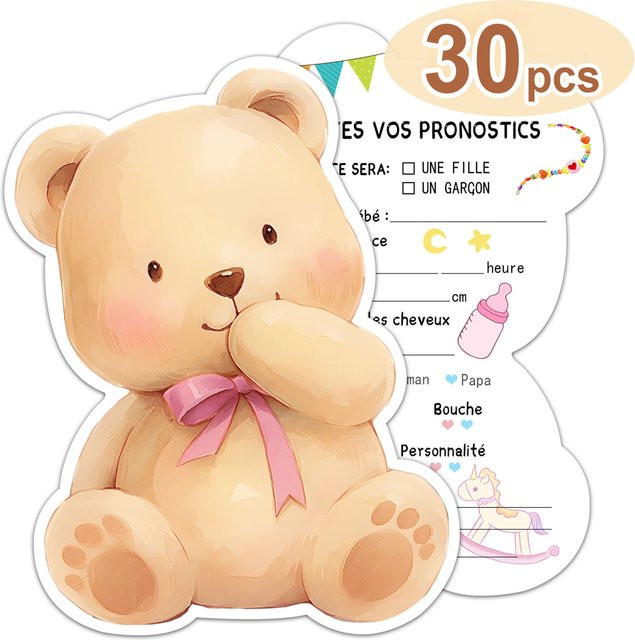 30 Stück Baby-Willkommenskarten mit Bären-Motiv für Gender-Vorhersage-Spiele, mehrfarbig, 320 g/m² Karton - Bild 1