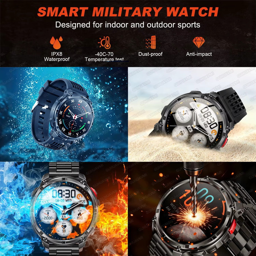 GUHUAVMI Military GPS Smartwatch für Männer in Schwarz mit Bluetooth Anruffunktion, Taschenlampe und wasserdichtem Gehäuse - Bild 5