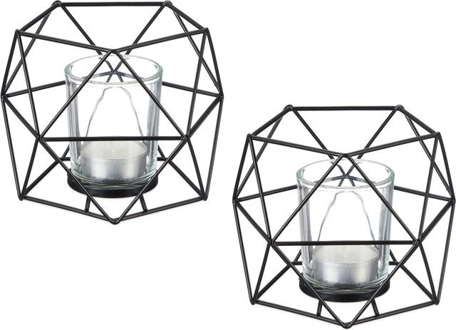 Relaxdays Teelichthalter 2er Set aus Eisen und Glas in Schwarz mit geometrischem Design, B/T/H: 10 x 13 x 12 cm - Bild 1