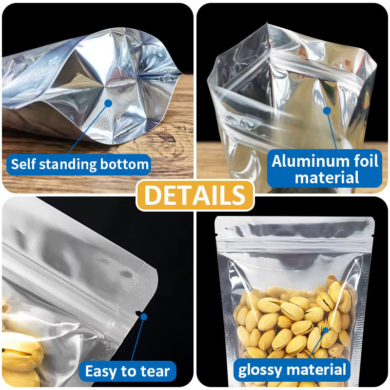100 Stück transparente Aluminium-Standbeutel mit Reißverschluss in Silber zur Aufbewahrung von Lebensmitteln wie Nüssen und Snacks - Bild 4