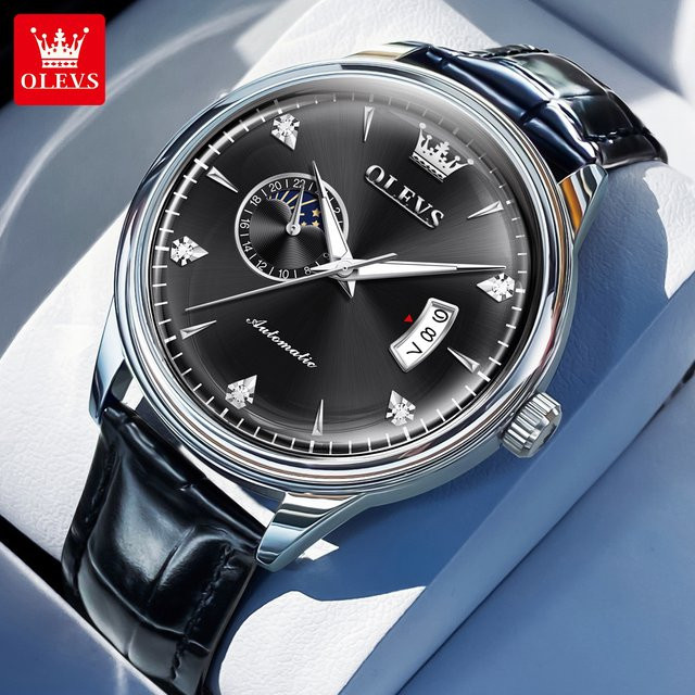 OLEVS Armbanduhr Automatik, Silber, Leder, Herren - Bild 1