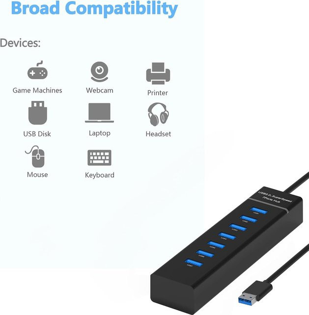 USB 3.0 7-Port-Hub für Hochgeschwindigkeits-Dateiübertragung mit Anti-Burnout-Schutz in Schwarz - Bild 1