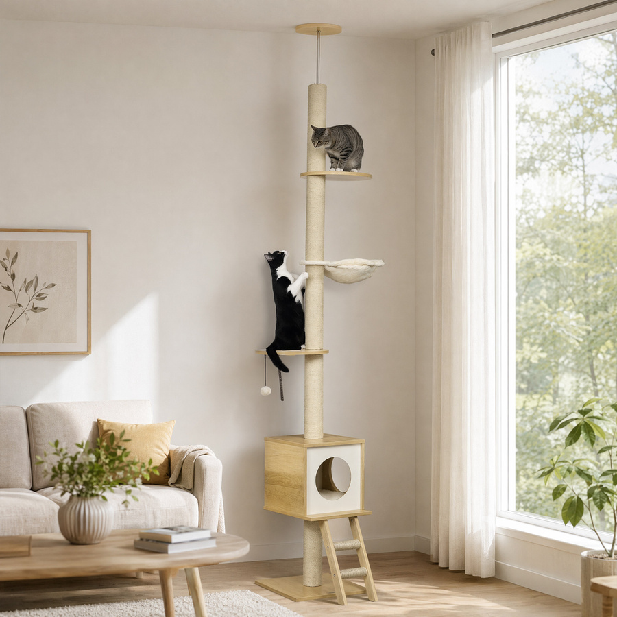 PawHut Kratzbaum mit Katzenhaus, Hängematte und integriertem Spielzeug in Braun und Beige, B/T/H: 40 x 40 x 260 cm - Bild 2