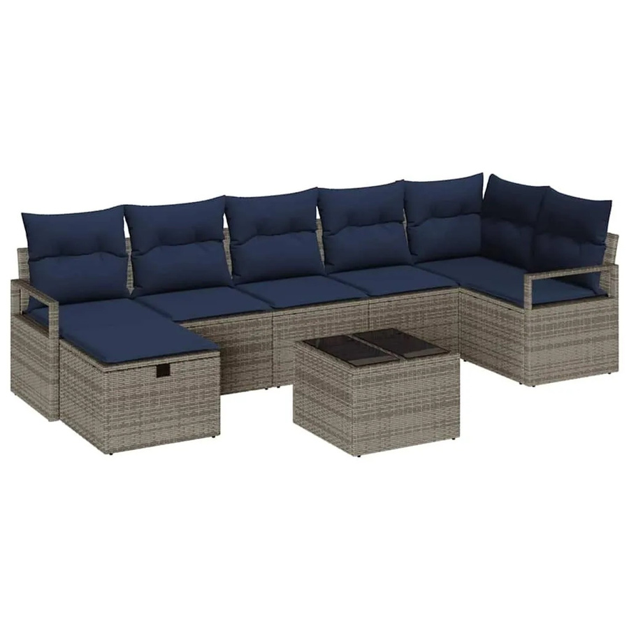 vidaXL 8-teiliges Lounge-Sofa Set aus Poly-Rattan in Grau und Marineblau mit Kissen und Tisch - Bild 2